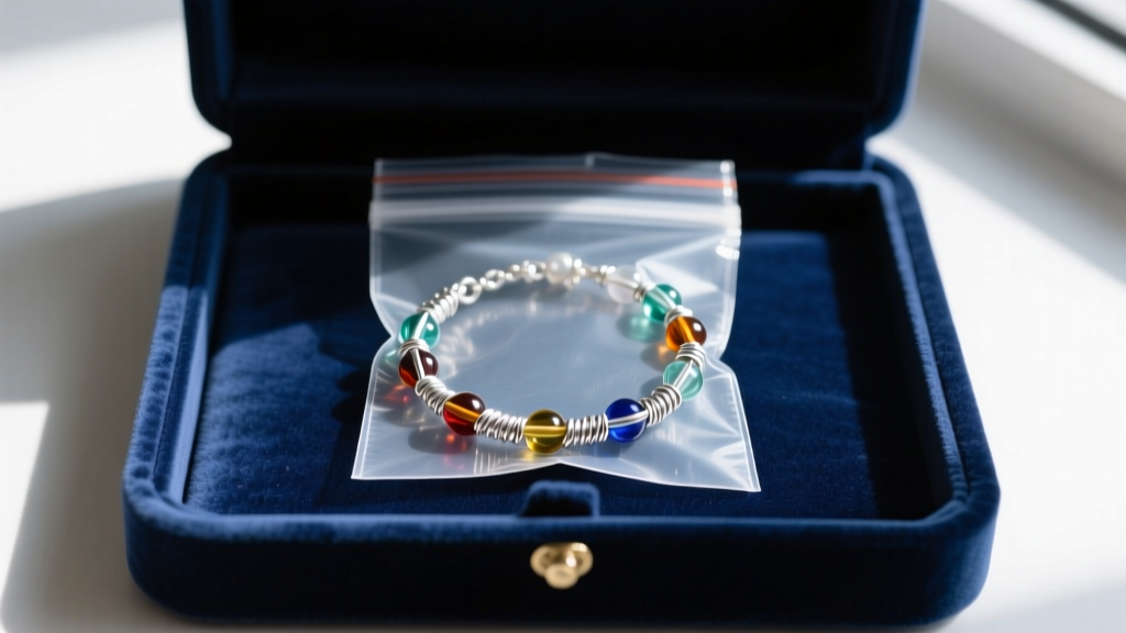 Small ziplock bag containing a finished beaded wire bracelet resting on an anti-tarnish strip inside a velvet-lined jewelry box.