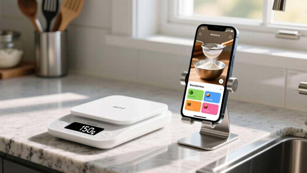 Smartphone on kitchen stand displaying interactive baking recipe app next to sleek white smart kitchen scale measuring flour