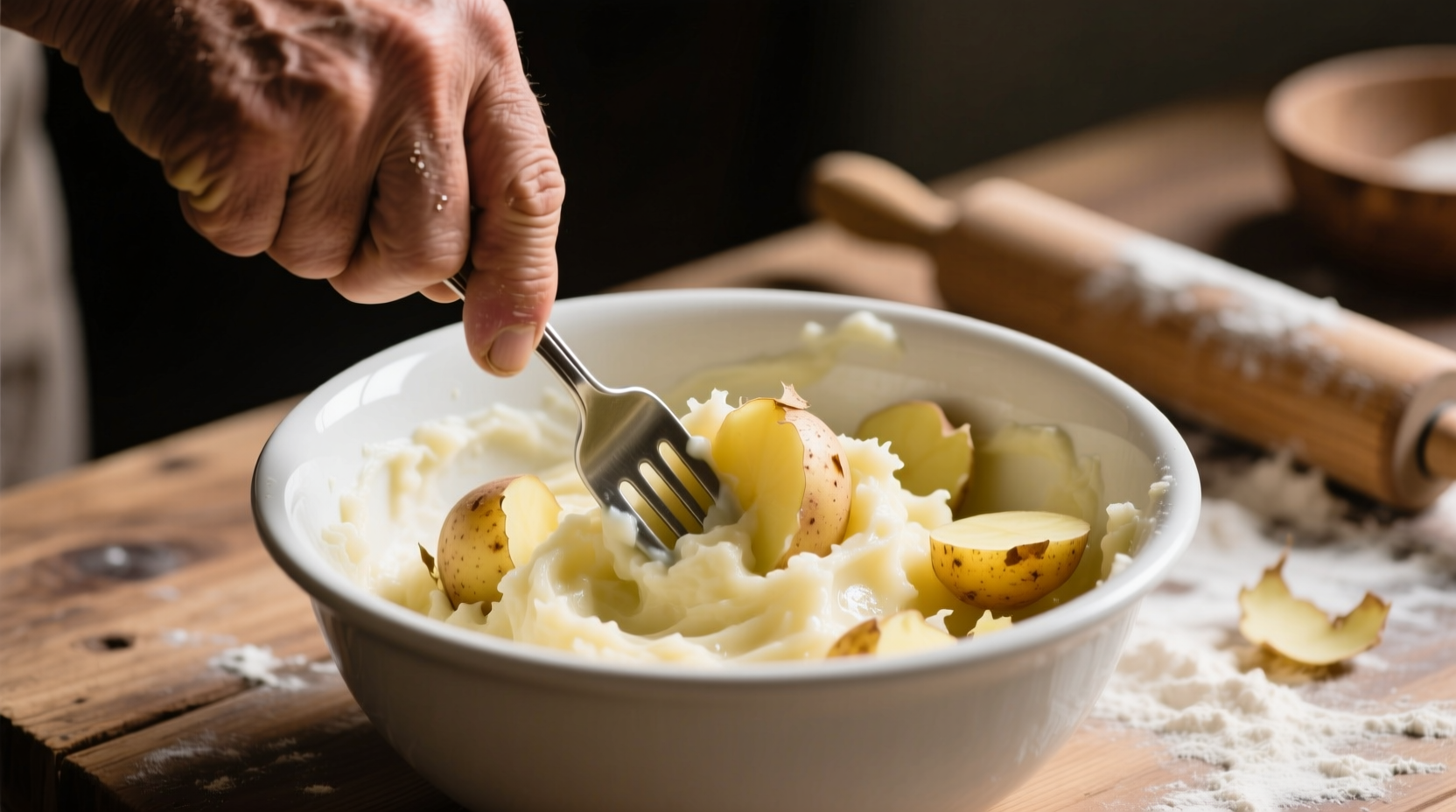 Hand mashing potatoes with fork in bowl