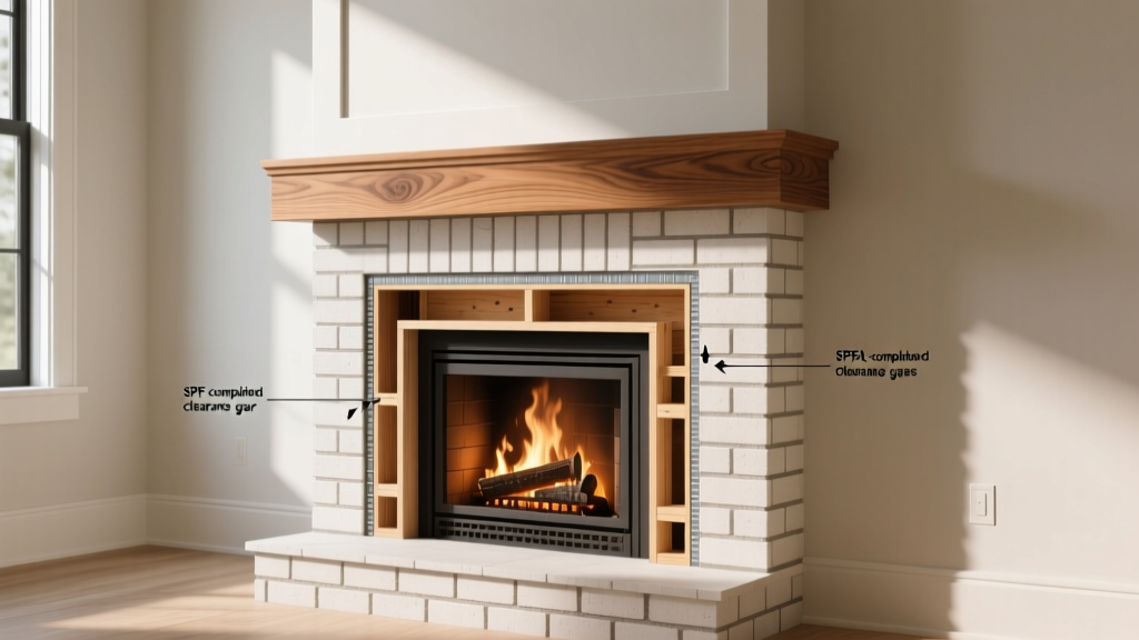 Cross-section diagram of a masonry wood-burning fireplace showing SPF framing lumber, a white oak mantel, and NFPA clearance gaps