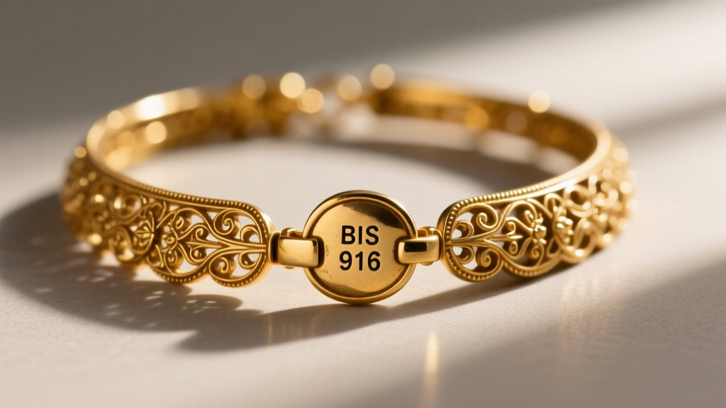 Digital scale showing a 35-gram antique Indian gold choker with a clear BIS 916 hallmark stamp visibly engraved on the gold clasp