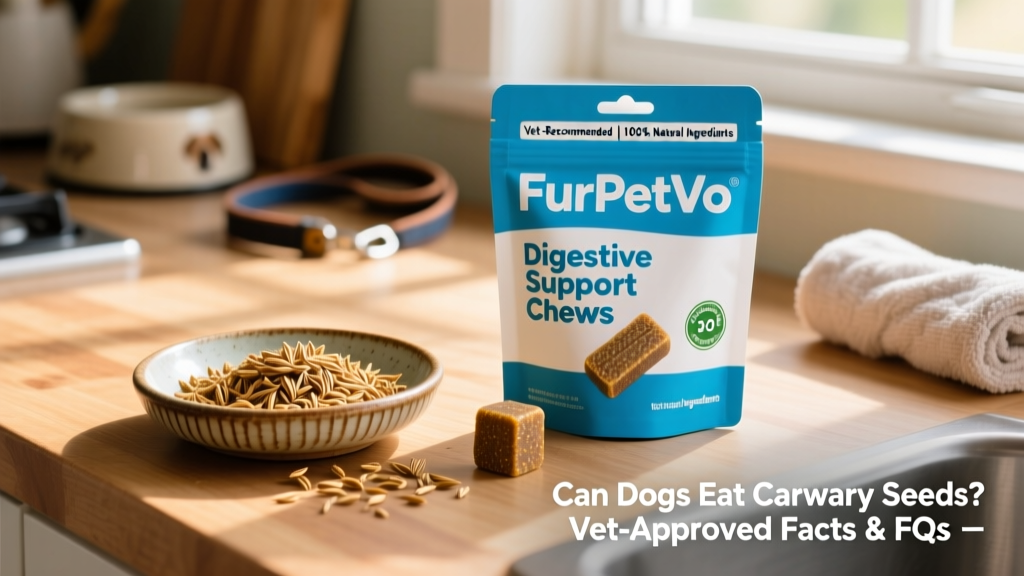 Side-by-side comparison: caraway seeds in a small dish next to FurPetVo Digestive Support Chews in their branded packaging