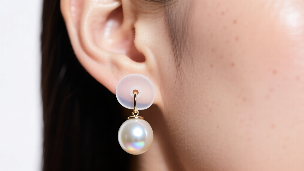 Earlobe using a clear silicone support patch to hold a heavy 20mm pearl drop earring, preventing skin stretching and damage