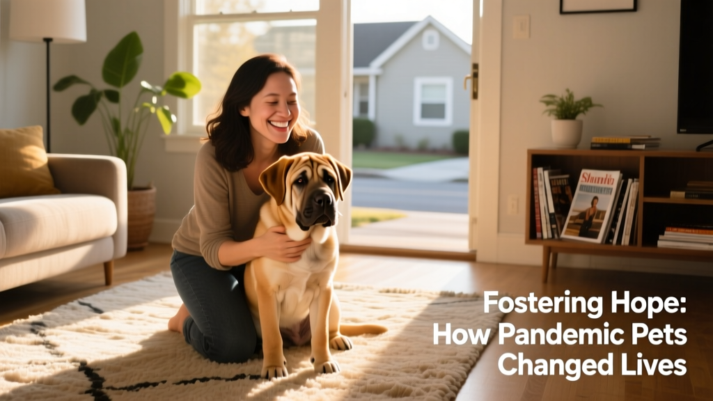 A smiling woman kneeling beside a gentle-looking Sharpei-Labrador mix puppy on a sunlit living room rug