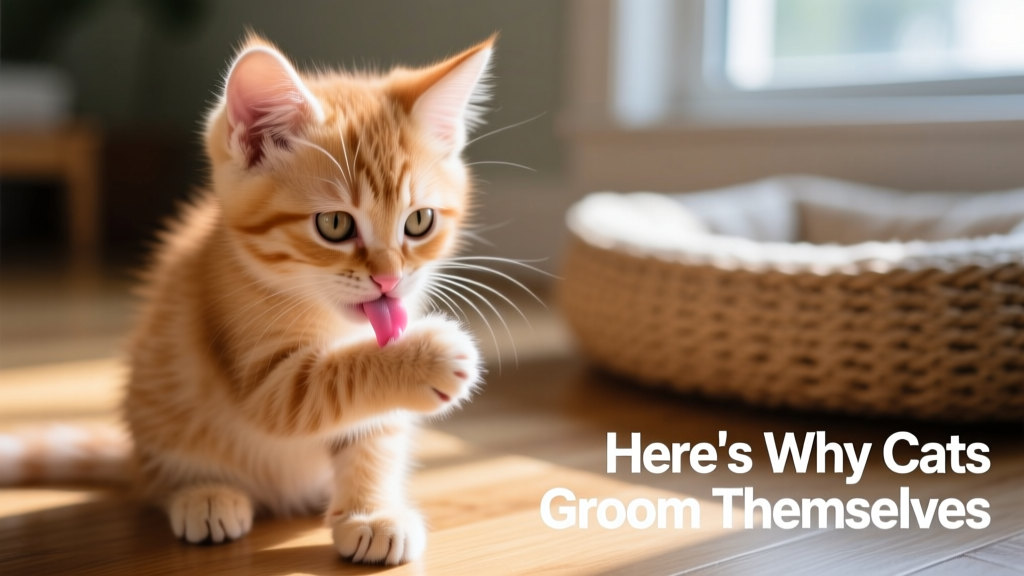 Close-up of a kitten gently licking its paw during early grooming practice