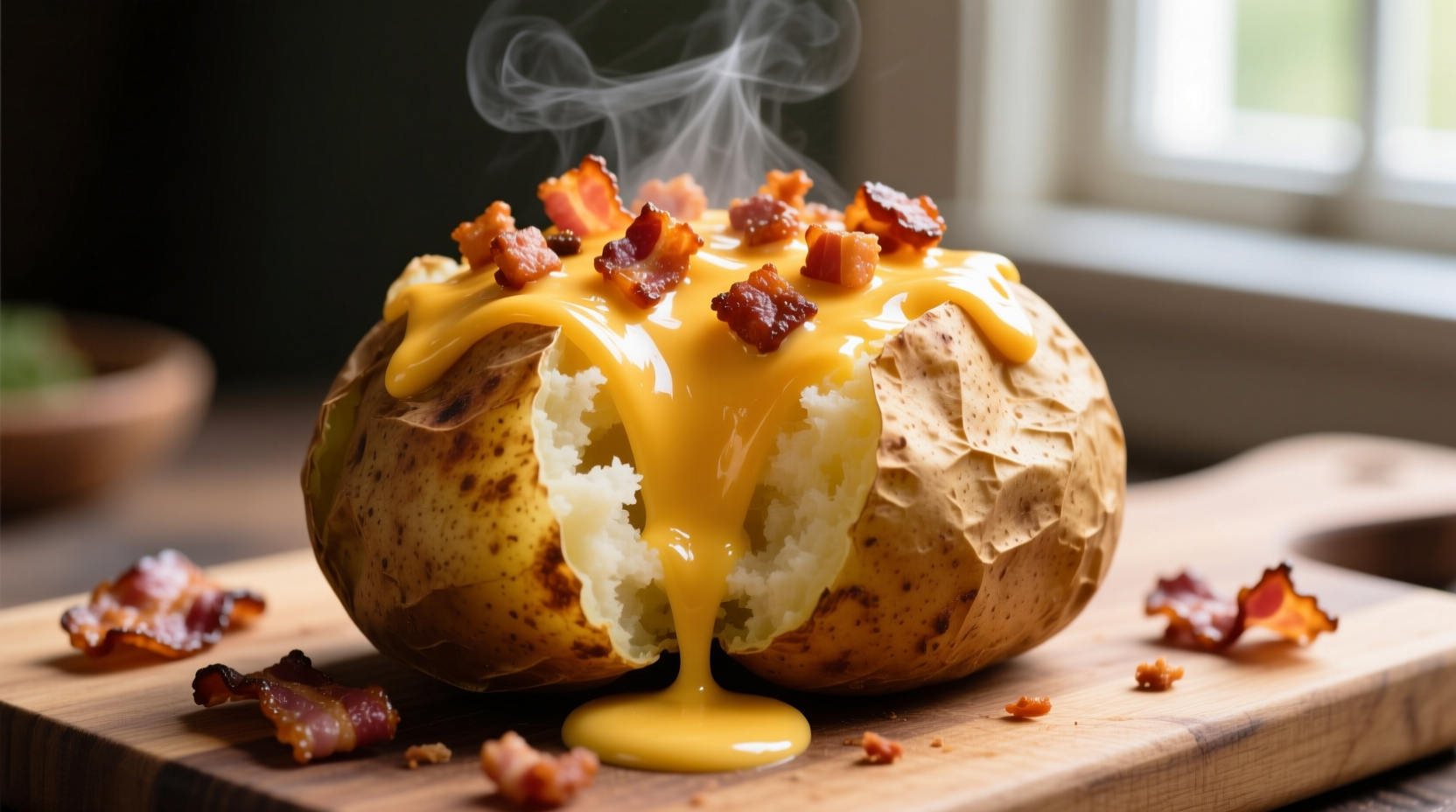 Perfectly loaded baked potato with melted cheese and bacon bits