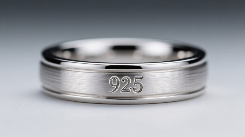 Macro shot of a 925 hallmark stamped inside a polished sterling silver ring band, illuminated by soft directional studio lighting