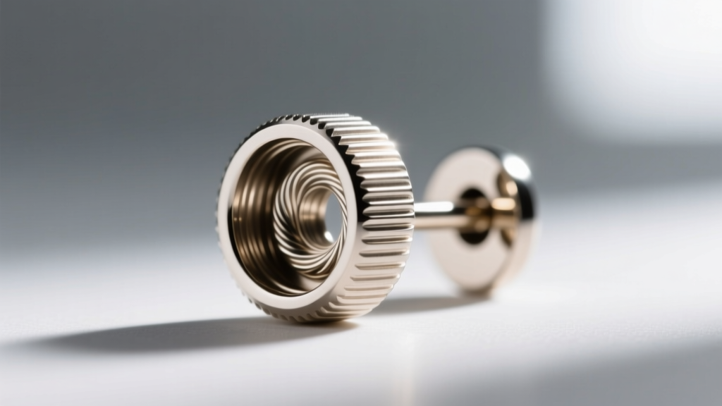 Macro view of internally and externally threaded earring posts, showing smooth and ridged metal surfaces in bright, even lighting.