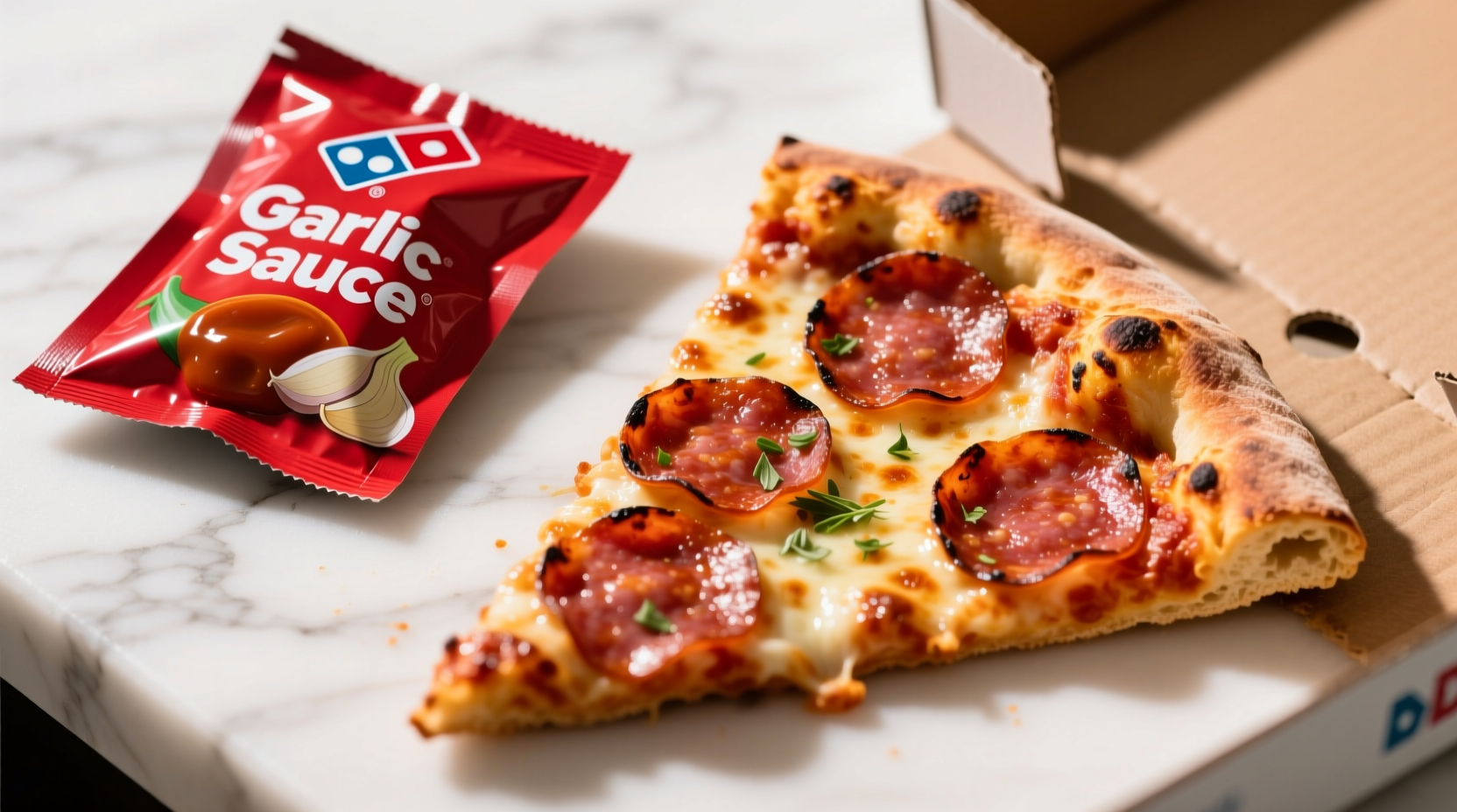Domino's garlic sauce packet next to pizza slice