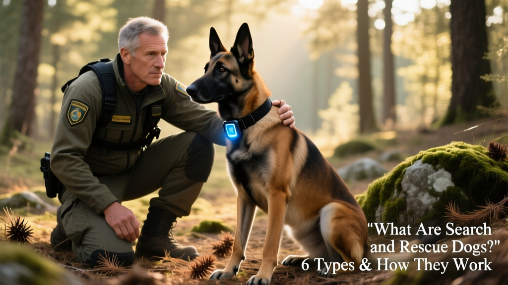 A handler and a Belgian Malinois conducting a simulated wilderness search, with GPS tracker visible on the dog's collar