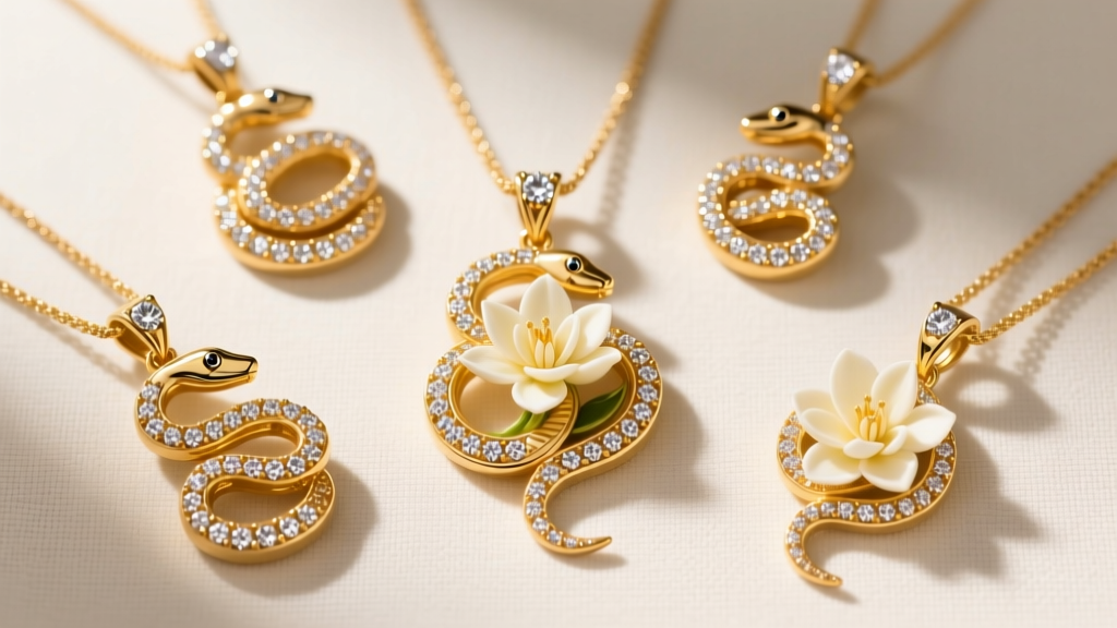 Overhead flat lay of South Indian diamond pendants featuring a Nagapadam serpent design and a Mullamottu jasmine bud in 18k gold