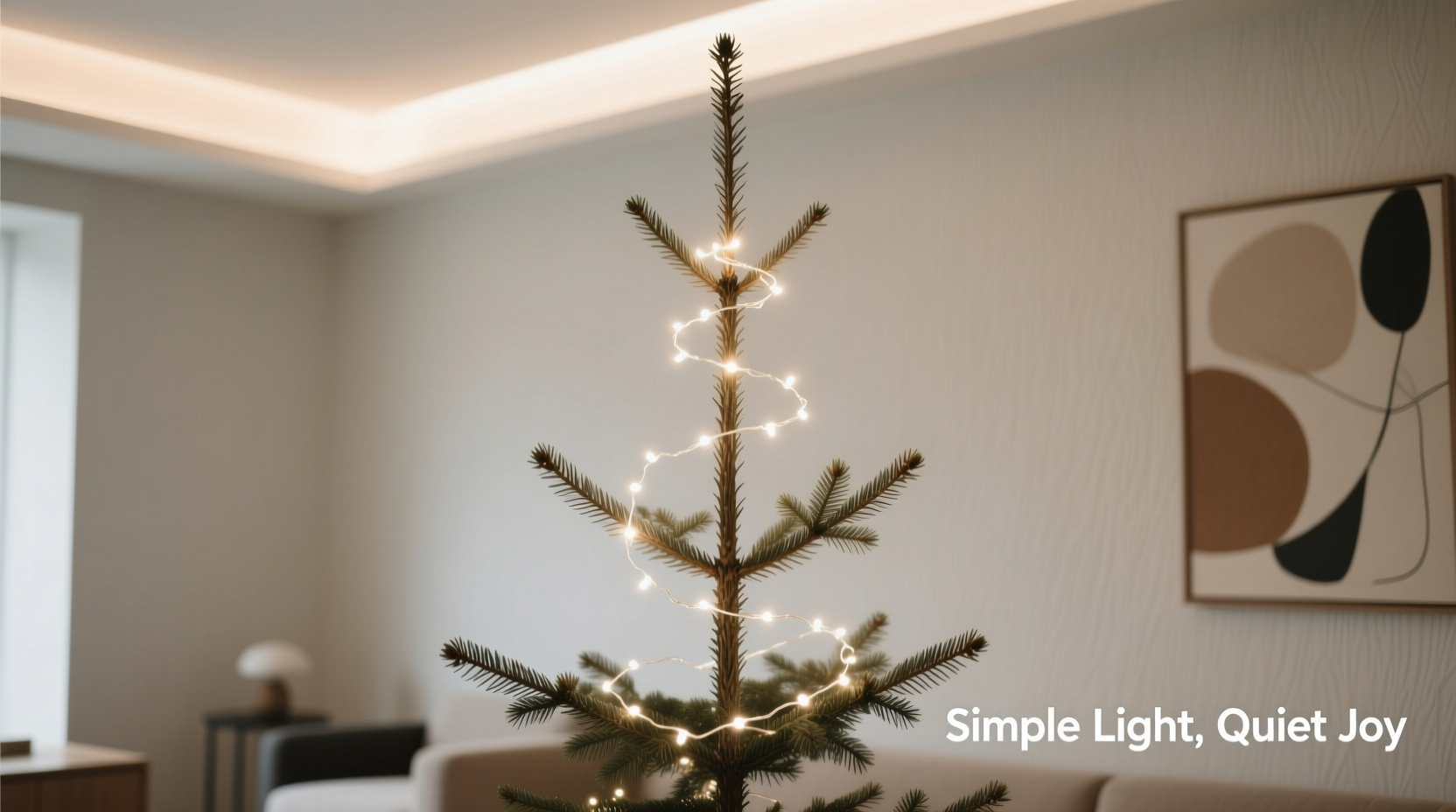 how to decorate a minimalist christmas tree with just lights and texture