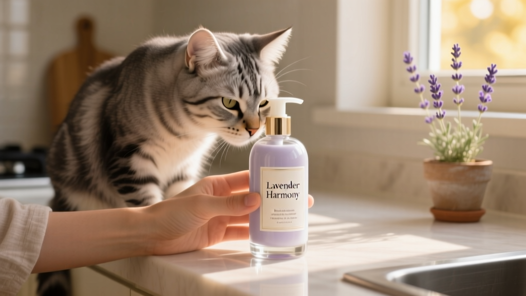 Cat gently rubbing against a person's hand holding a bottle of lavender-scented lotion