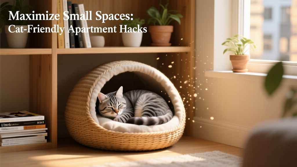 A cat curled up inside a cozy, compact cat cave under a bookshelf