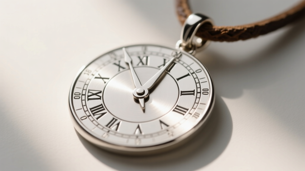 Macro shot of a sterling silver sundial pendant dial, showing hand-engraved Roman hour lines and a smooth matte metal finish.