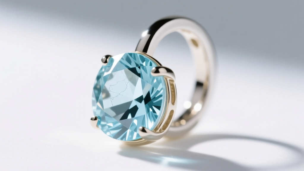 Macro shot of a faceted aquamarine gemstone in a white gold hoop earring bezel, highlighting the pale blue beryl.