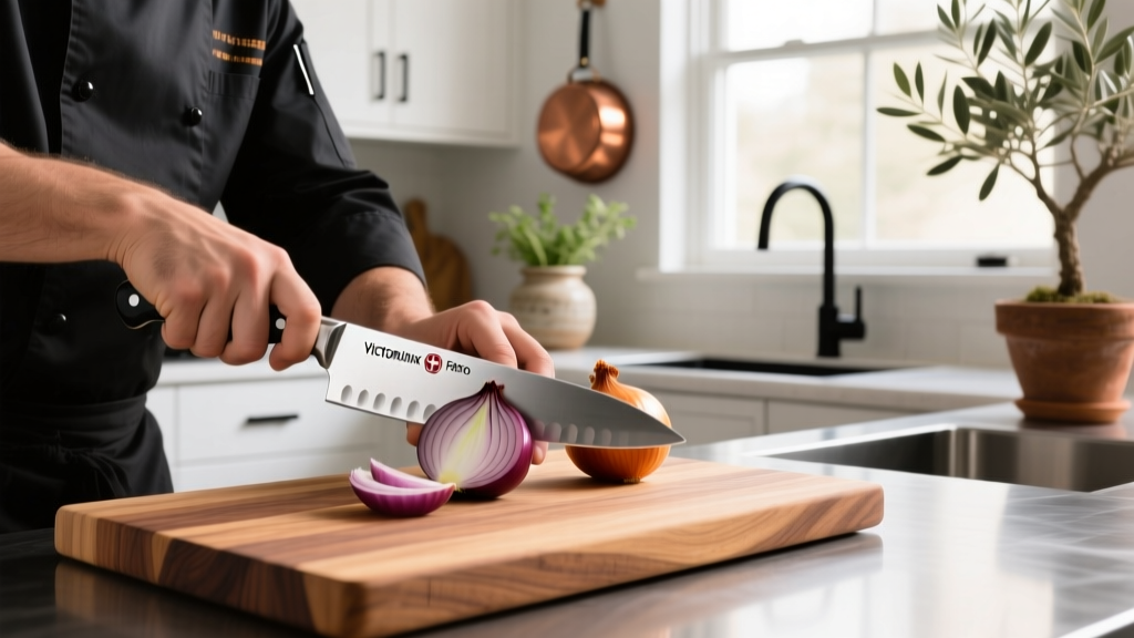 Male chef slicing onions with Victorinox Fibrox Pro 8-inch knife on a thick end-grain walnut cutting board in a modern kitchen
