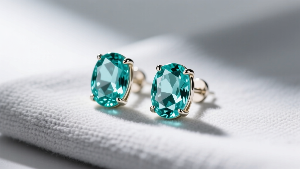 Macro shot of oval aquamarine stud earrings in 14k white gold resting on a soft gray microfiber cloth under bright natural daylight