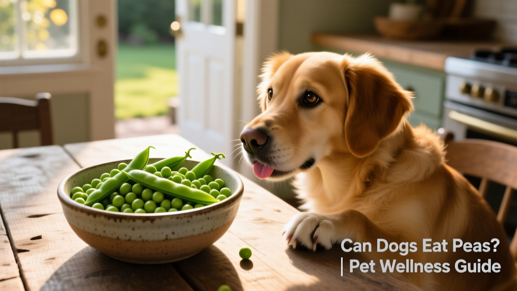 A bowl of fresh green peas next to a curious dog looking at them