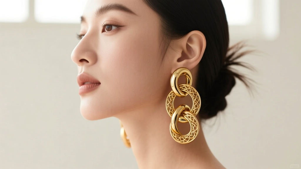 Large twisted gold knot earrings showing a slight downward pull on a woman's earlobe against a soft beige studio background.