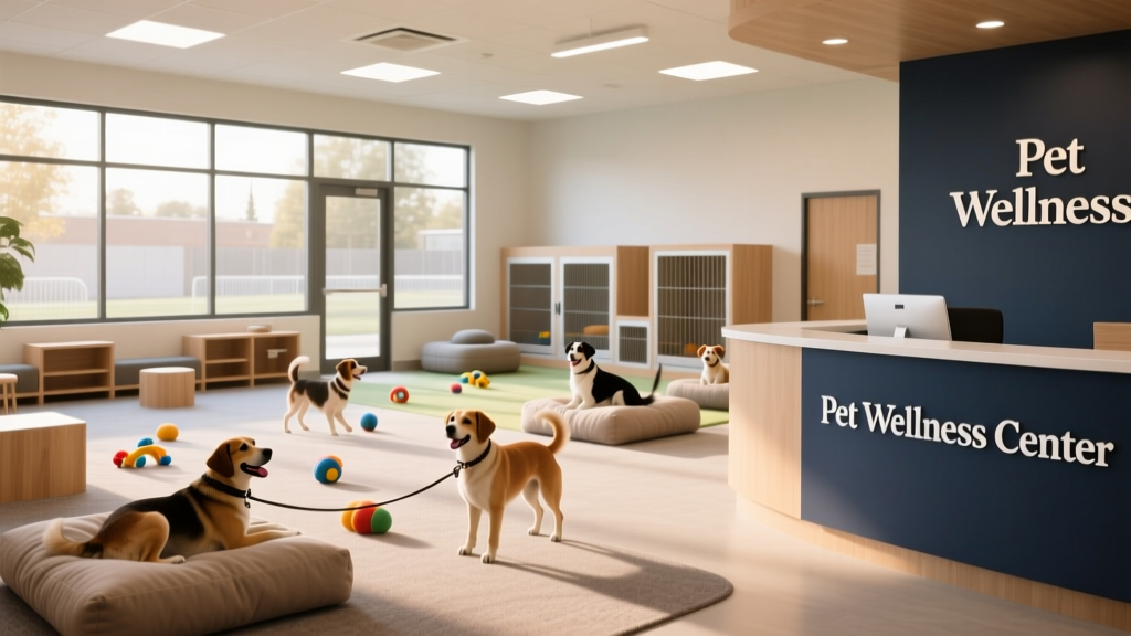 A clean, modern pet boarding facility with spacious indoor play areas and comfortable resting zones