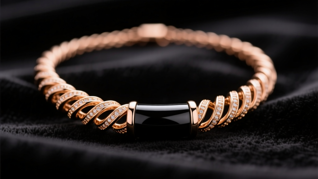 Close-up of a Bvlgari B Zero necklace with 18k rose gold coils wrapping a black ceramic core, resting on dark velvet fabric.