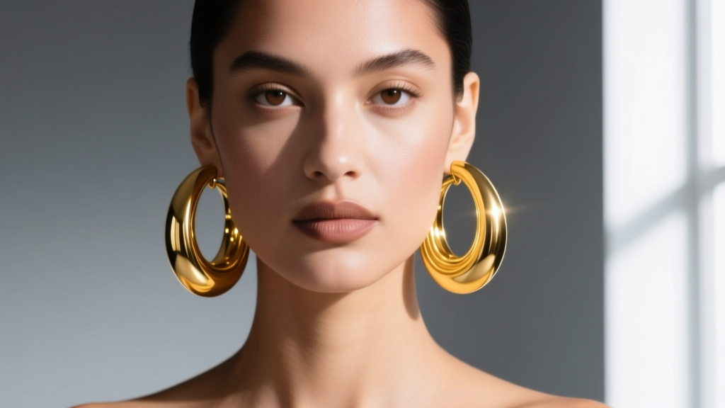 Close-up of a model wearing thick, polished 18k yellow gold bold hoop earrings, capturing studio lighting reflections on the metal
