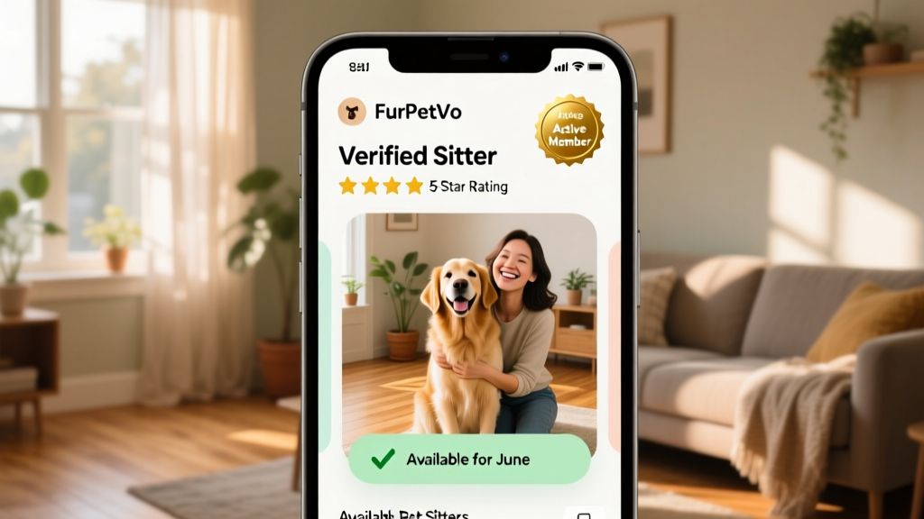 Screenshot-style mockup of the FurPetVo mobile app interface showing a verified sitter profile with 5-star rating, 'Active Member' badge, and 'Available for June' status