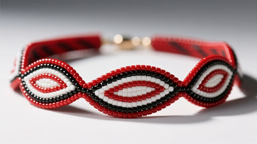 Macro shot of a loom-beaded necklace using red, white, and black size 11/0 cylinder seed beads in a paisley pattern.