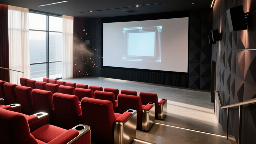Interior of a modern luxury cinema with tiered plush red recliner seating, dark acoustic wall panels, and a glowing 4K laser projection screen