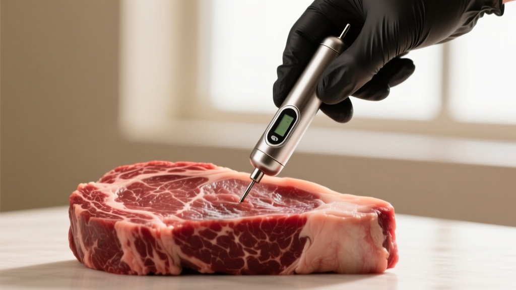 Hands inserting a stainless steel wireless meat probe into the thickest part of a raw prime ribeye steak at a 45-degree angle.