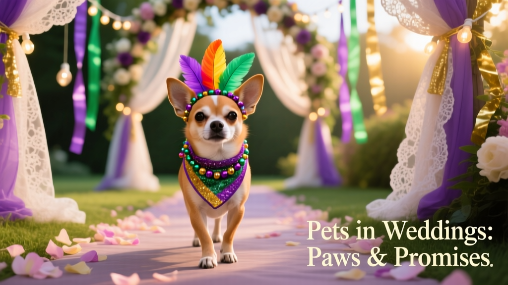 A tiny Chihuahua wearing a festive Mardi Gras-themed bandana, walking slowly and confidently down a colorful, decorated aisle