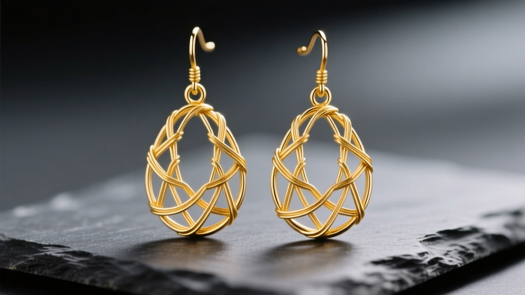 Macro shot of 18k yellow gold filigree drop earrings with delicate wirework, resting on dark slate under soft studio lighting.