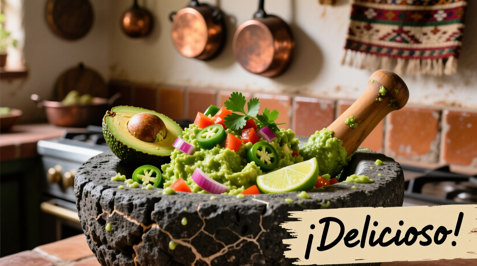 Freshly made guacamole in traditional stone mortar