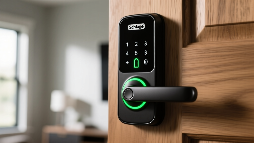 Close-up of a matte black Schlage Encode Plus smart lock installed on a thick wooden door, glowing green LED ring indicating successful unlock
