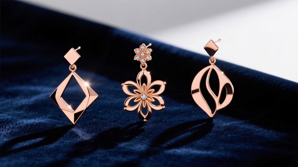 Flat lay of three rose gold chandelier earrings on velvet, showing geometric, floral, and abstract modern metalwork silhouettes
