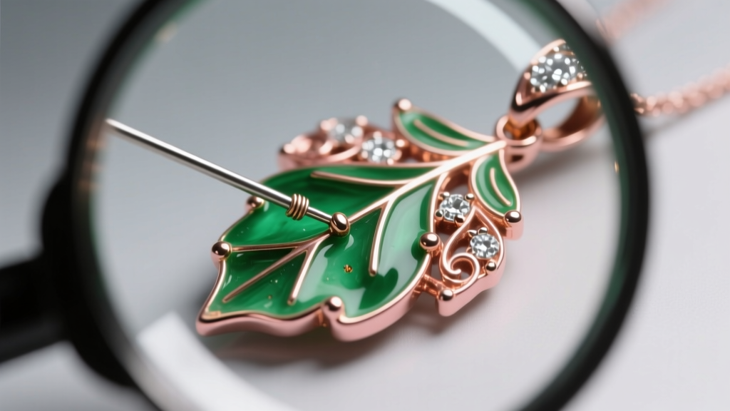 Loupe examining solder joints on a vintage tri-color green and rose gold leaf pendant under bright LED jewelry grading lights.