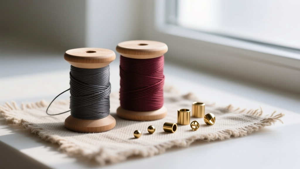 Wooden spools of 1mm waxed cotton cord in charcoal and burgundy, alongside small brass end caps and crimp beads on a linen mat
