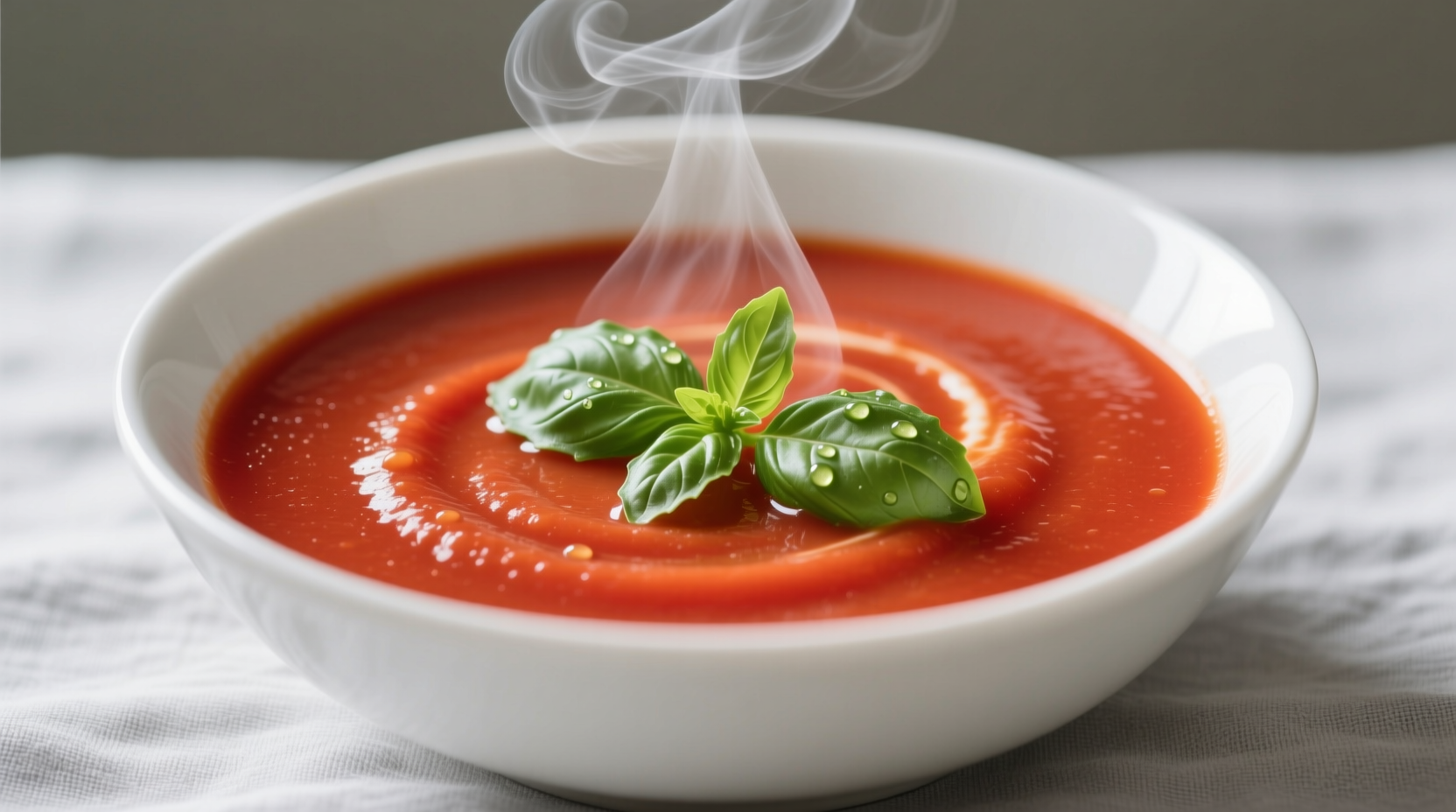 Fresh tomato soup with basil garnish in white bowl