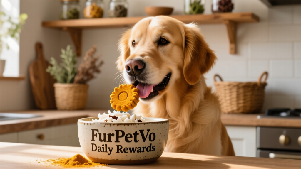 Dog happily chewing a turmeric-coconut treat while sitting beside a bowl labeled 'FurPetVo Daily Rewards'