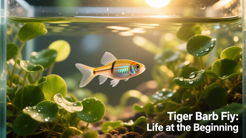 Tiny tiger barb fry swimming among dense water sprite leaves in a breeding tank