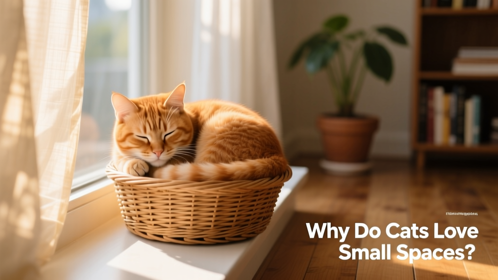 A ginger cat curled snugly inside a small woven basket on a sunlit windowsill