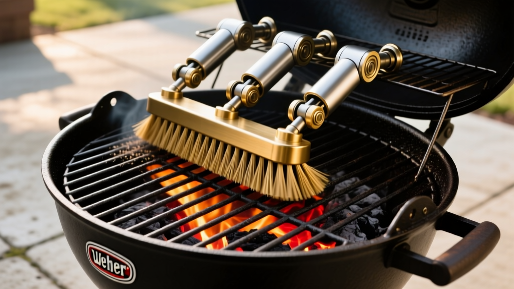 Three-motor robotic grill brush with brass bristles scrubbing cast iron grates on a Weber kettle grill with glowing charcoal underneath