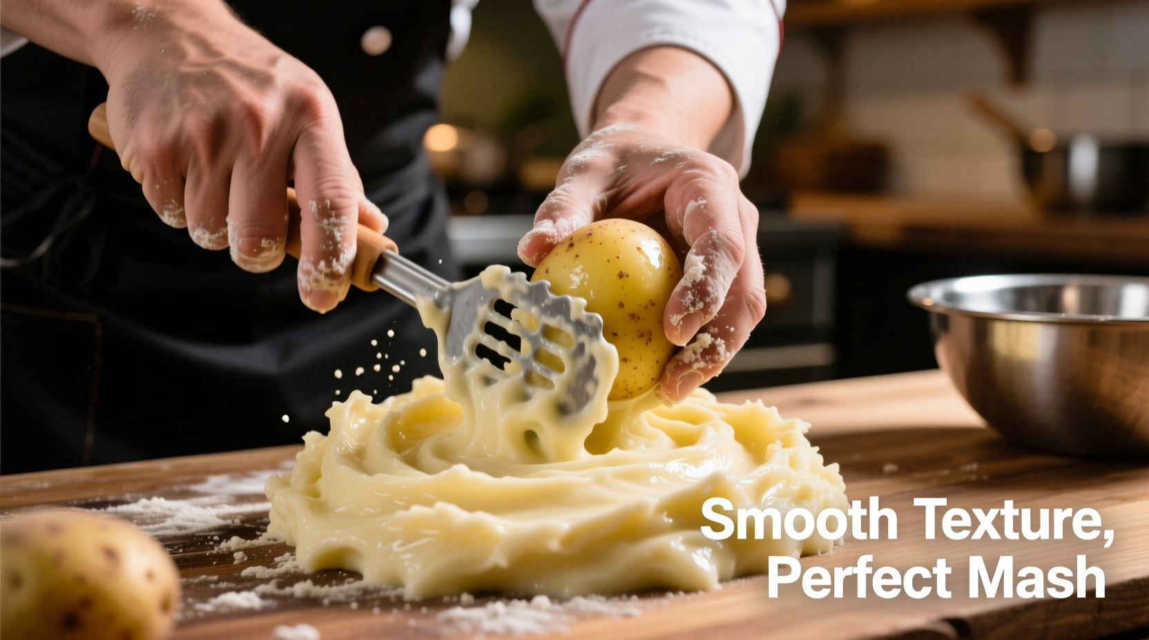 Chef hand-ricing cooked potatoes for smooth texture