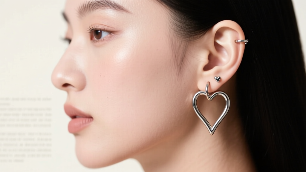 Side profile of a model wearing 16-gauge titanium heart hoops in a helix piercing, showing the forward-facing drape angle