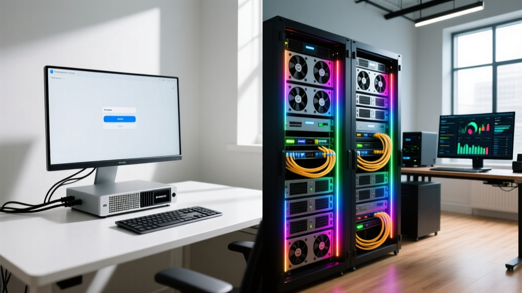 A split-screen workspace showing a simple beginner NAS setup on the left and a complex, LED-lit expert server rack on the right