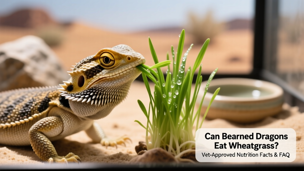 Close-up of a bearded dragon nibbling fresh green wheatgrass sprouts in its enclosure
