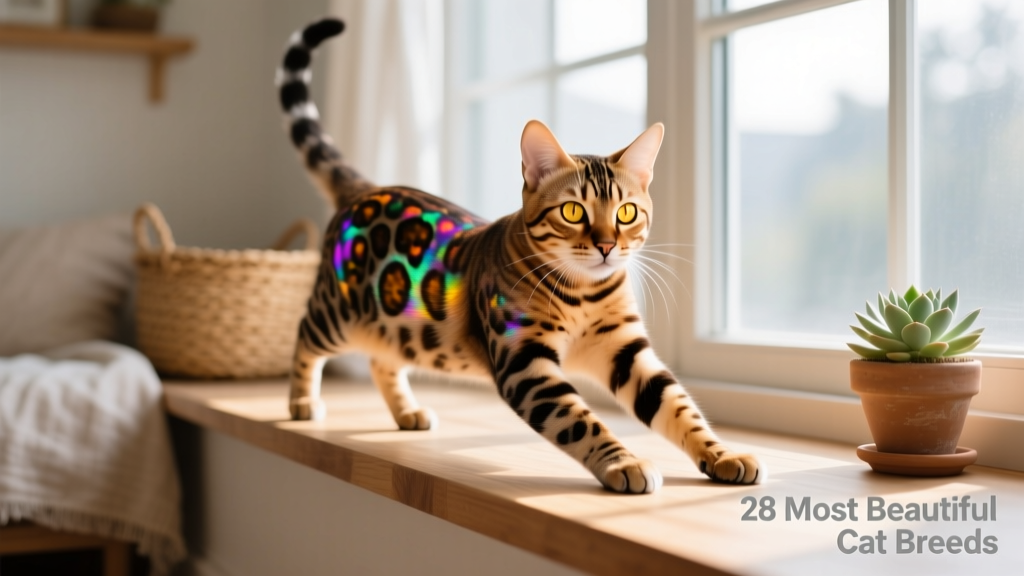 A confident Bengal cat with vivid spotted coat, golden eyes, and wild, alert expression