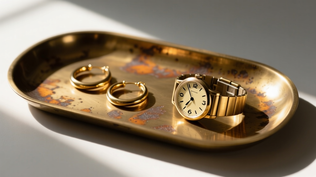 Close-up of an unlacquered brass valet tray with a rich natural patina, holding a pair of gold hoop earrings and a vintage watch