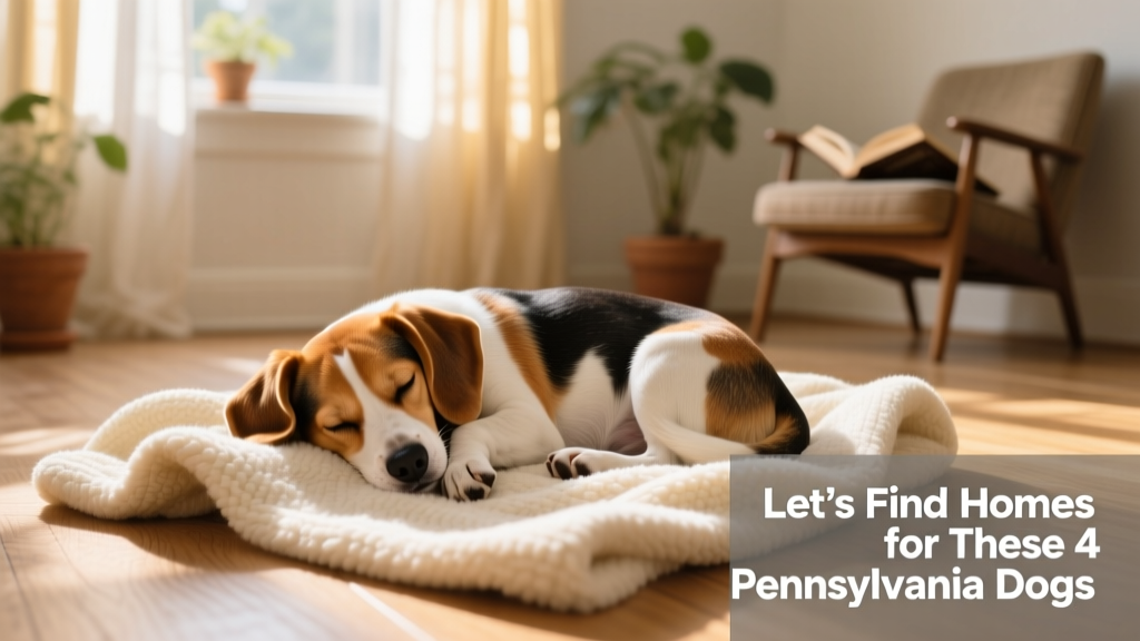 Bessie, a small tri-colored dog with floppy ears, curled up asleep on a soft blanket in a sunlit room